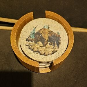 VINTAGE 4 Buffalo Bison Coaster Set with Wooden Holder Bar Kitchen Animal 80s